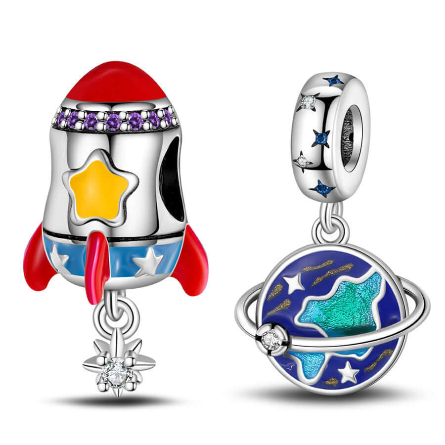 925 Silber Schmuckanhänger mit Rakete und Planet für kreative DIY Halsketten und Armketten.