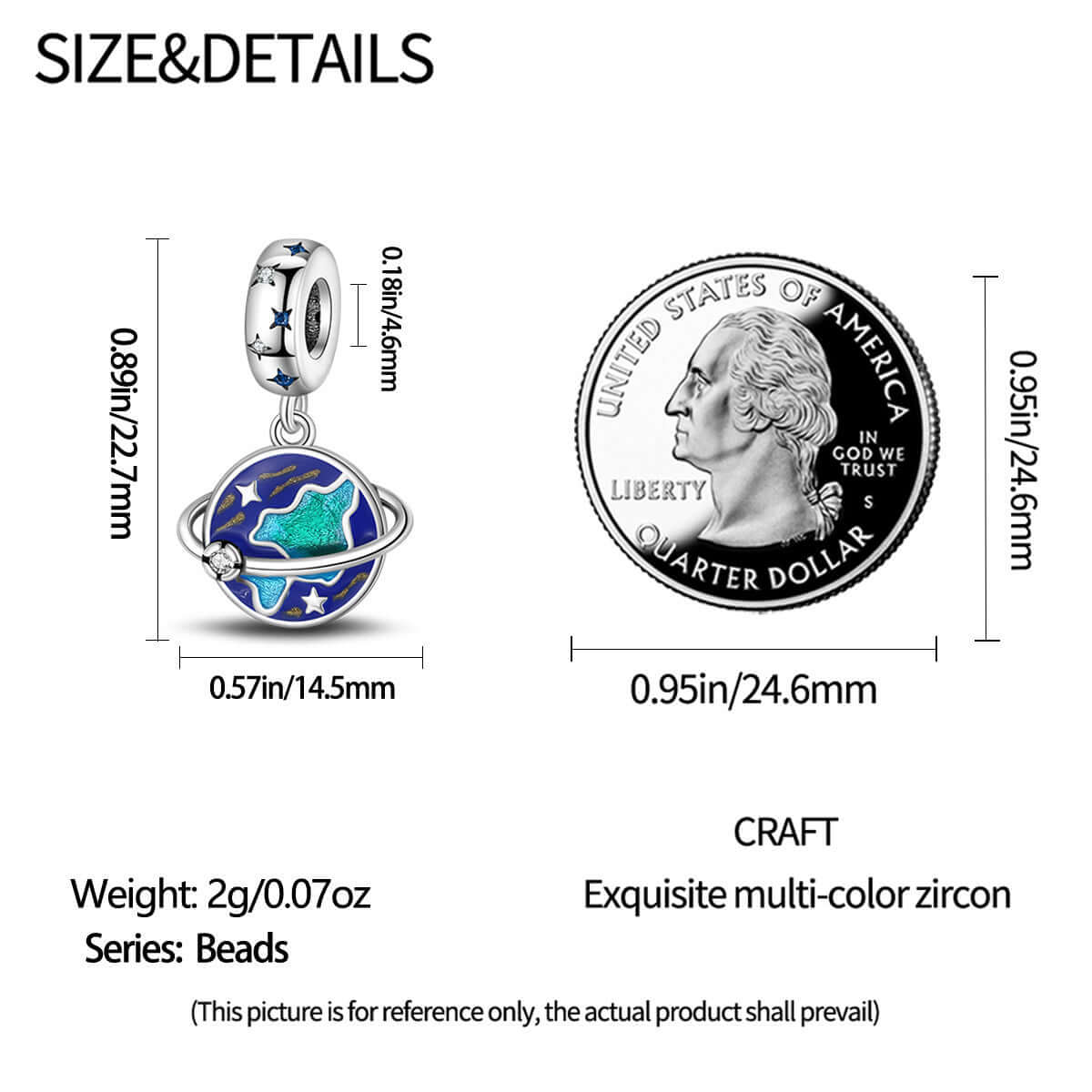 Schmuckanhänger Planet mit multicolor Zirkon neben einer US-Quartmünze zur Größenreferenz.
