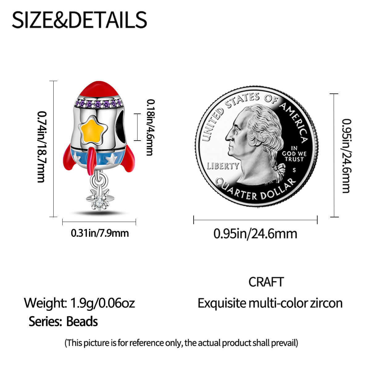 Size details for a 925 silver rocket pendant, compared to a quarter for scale, showcasing exquisite multi-color zircon.