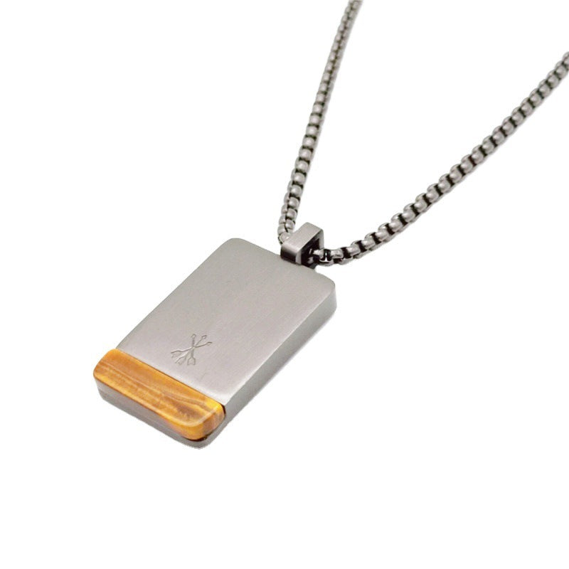 Edelstahl Anhänger mit Tigerauge Naturstein, rechteckiges Design, unisex Schmuckstück mit Zeichen.