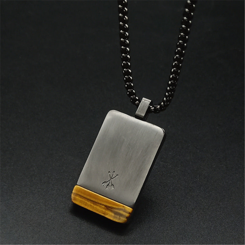 Edelstahl Vintage Anhänger mit natürlichem Tigerauge Naturstein, rechteckiges Design, unisex Schmuckstück.