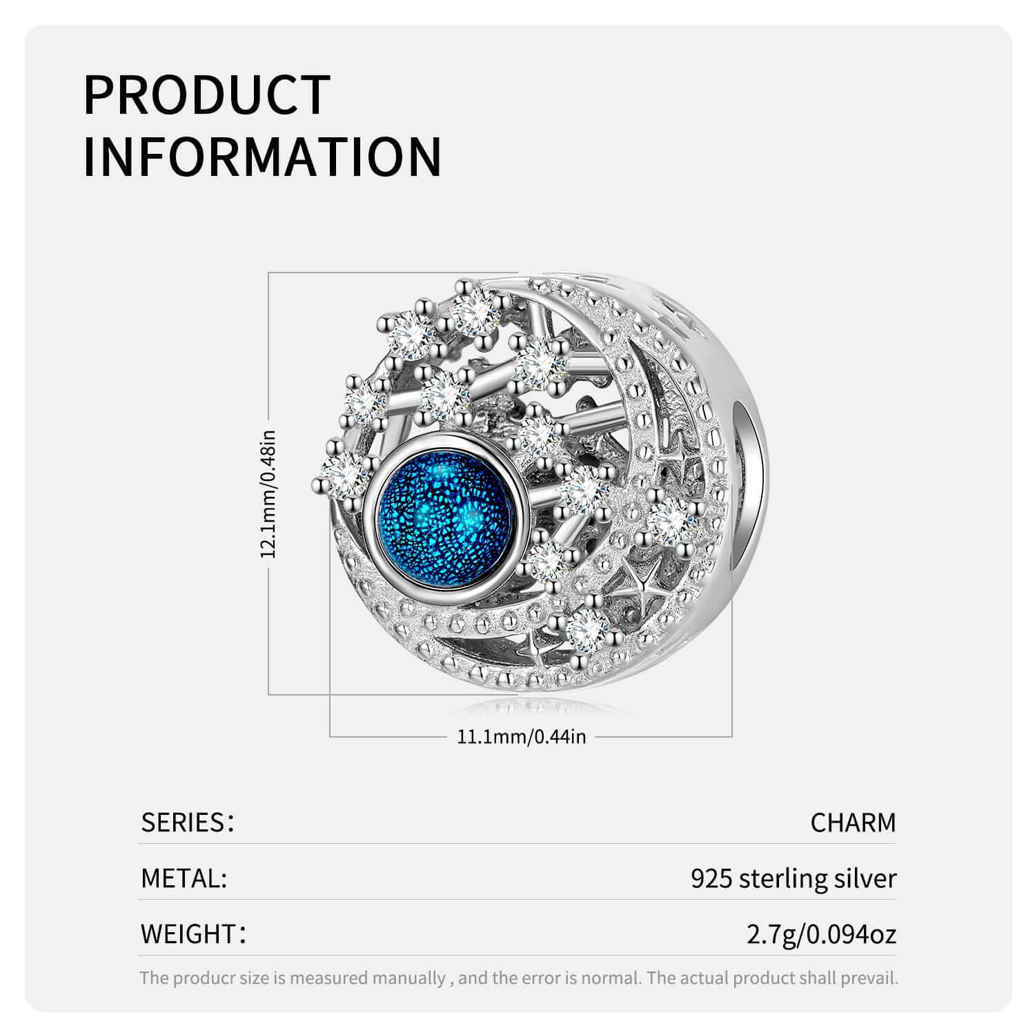Blaue Mond Traumfänger S925 Silber Anhänger mit Netzkristallen und glänzender Design-Ausschnitt.