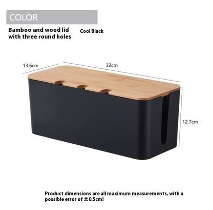 USB-Hub mit Kabelmanagement, schwarzer Organizer mit Bambusdeckel und drei Löchern, perfekt für den Schreibtisch.