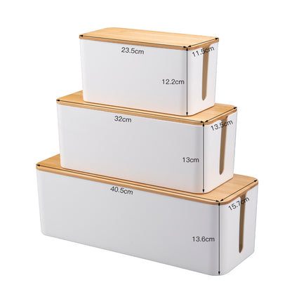 USB-Hub mit Kabelmanagement – drei stapelbare Organizer-Boxen mit Holzdeckeln und Maßangaben auf der Seite.